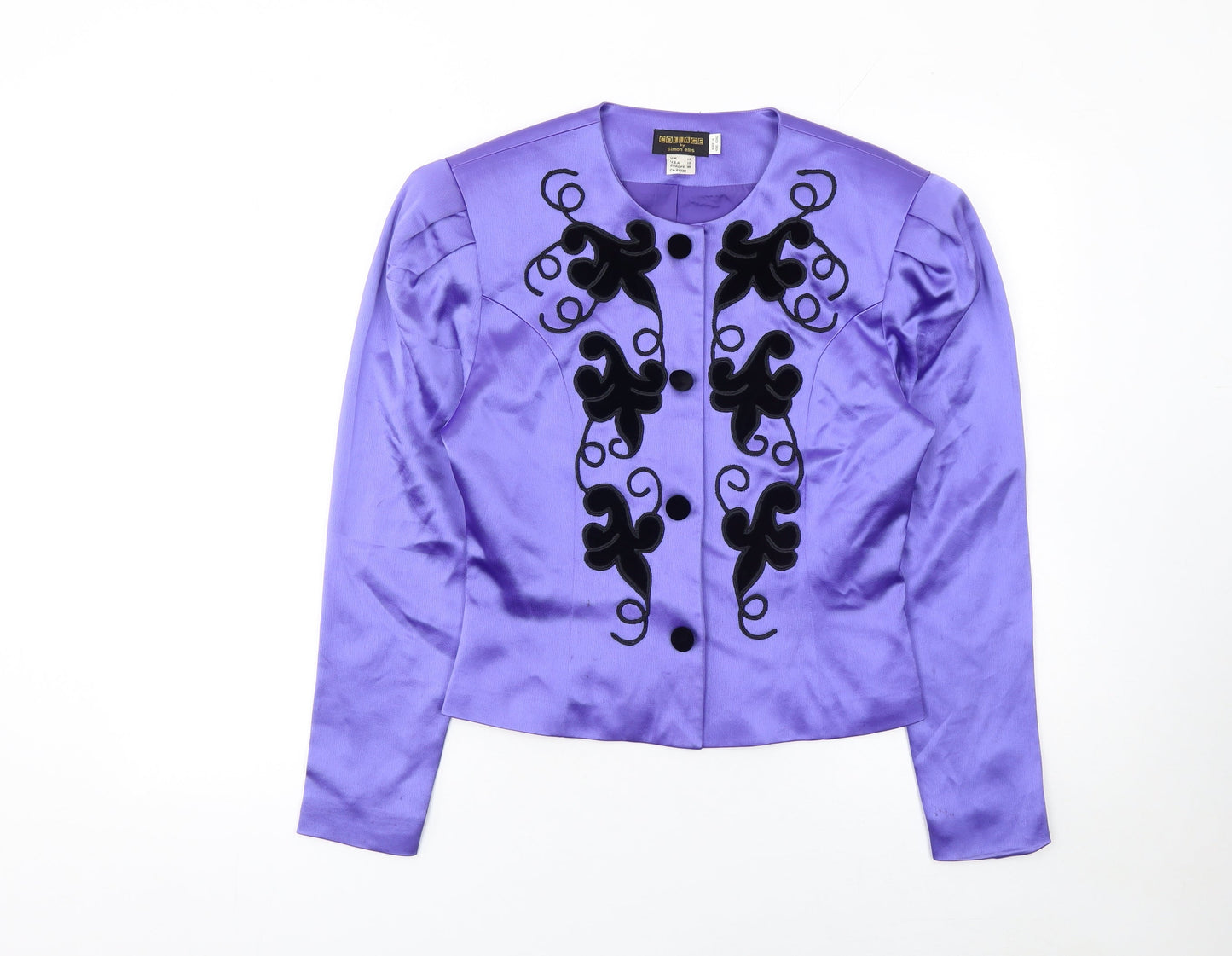 Collage by Simon Ellis Purple Satin Embroidered Jacket UK 12 Women's Vintage Blazer