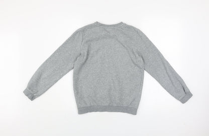 Close-up detail of Puma boys’ grey crew neck pullover sweatshirt, size 11-12, years