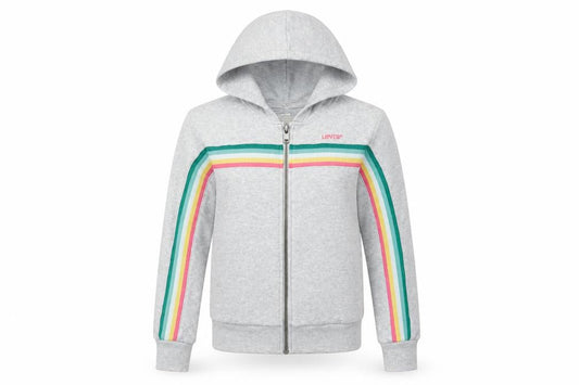 Front view of Levi's girls’ grey rainbow stripe hoodie track jacket 14 years