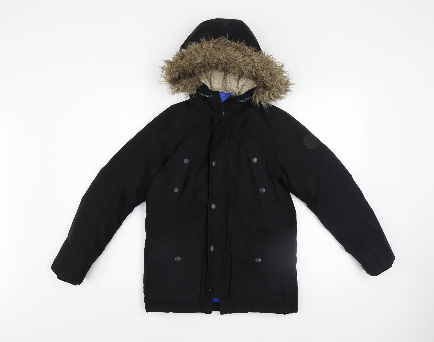 Jack & Jones Boys Black Hooded Faux Fur Trim Parka Coat 12 Years
