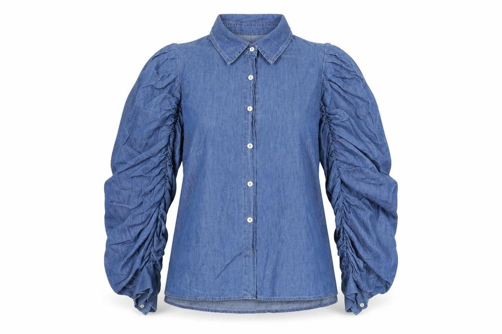 QED London Women Blue Puff Sleeve Chambray Button-Up Shirt Size 10