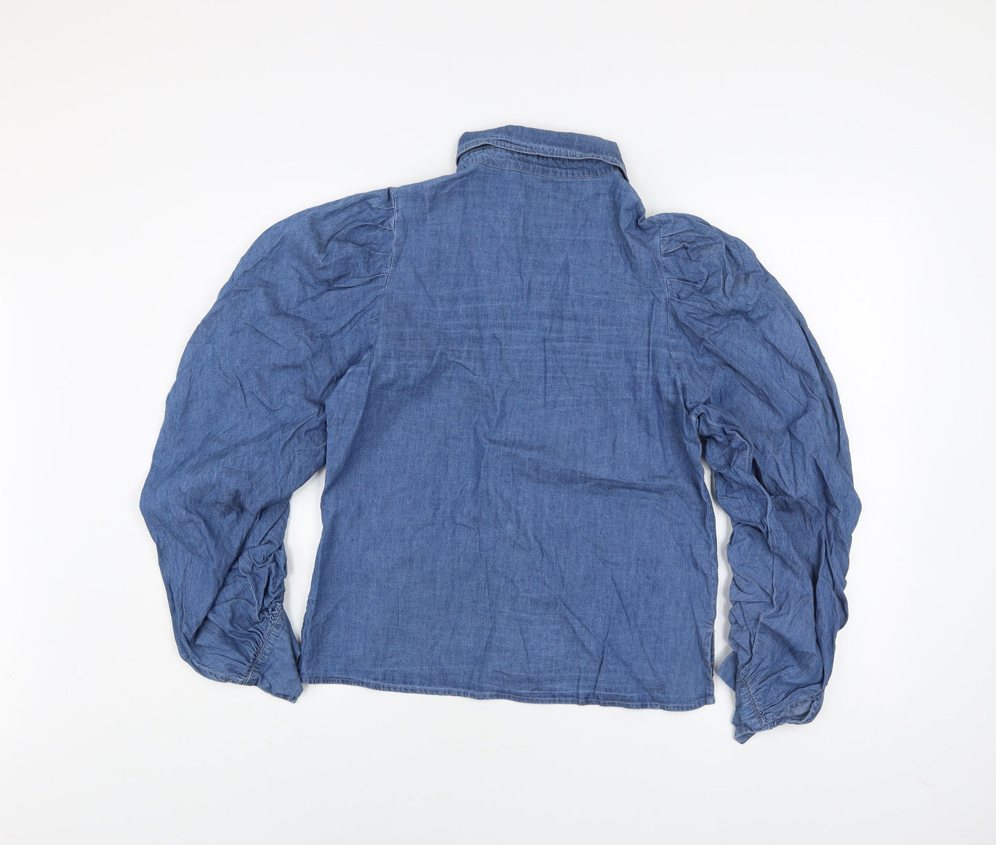 QED London Women Blue Puff Sleeve Chambray Button-Up Shirt Size 10