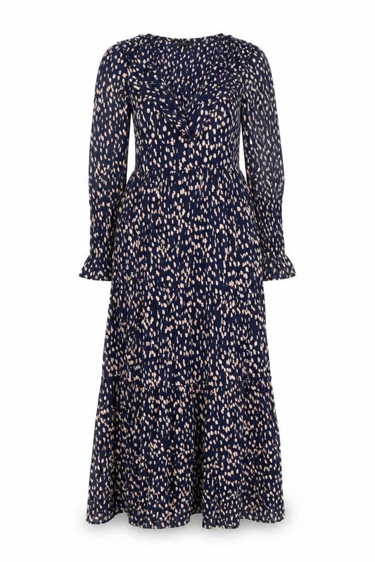 Next Women's Blue Animal Print Maxi Dress Size 8 Long Sleeve V-Neck
