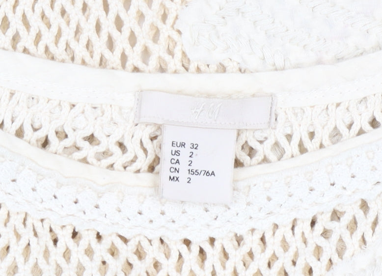 H&M Women Beige Crochet Floral Shift Short Sleeve Dress Size 4