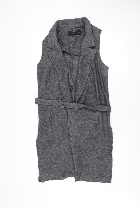 Zara Women Grey Wool Blend Belted Long Waistcoat Size 12