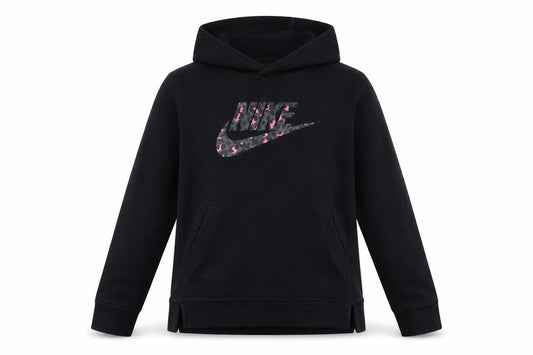Front view of Nike girls’ black pullover hoodie fleece logo sweatshirt, size 146