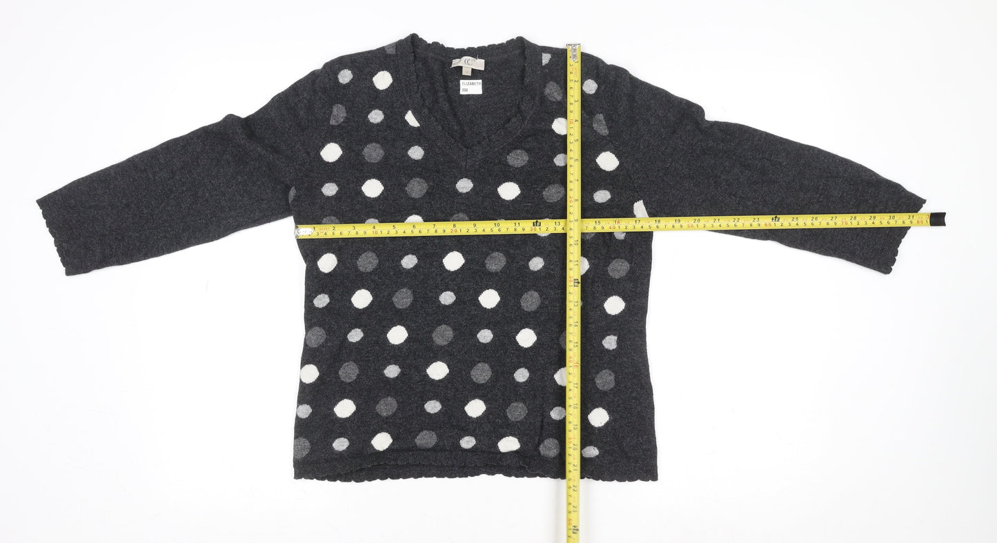 CC Women’s Grey Polka Dot V-Neck 3/4 Sleeve Angora Jumper M