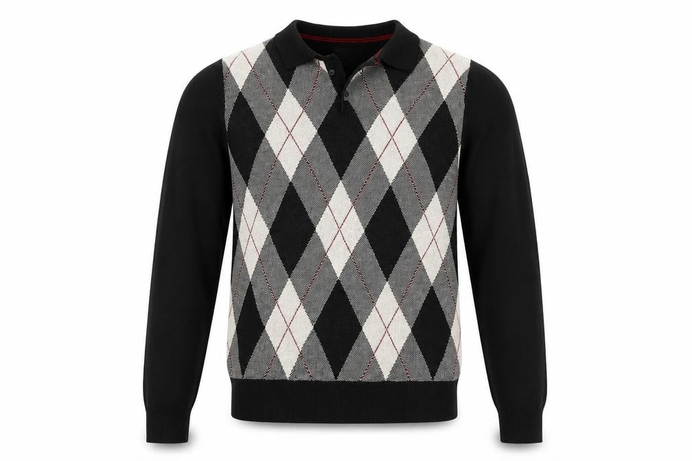 2nd Chapter Men's Black Argyle Cotton Henley Jumper Size S