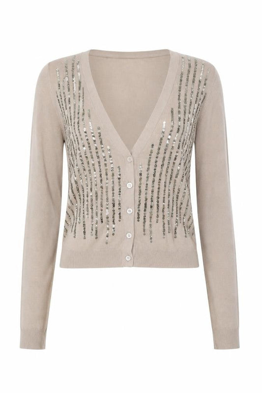 Front view of J.Crew Women Beige Sequin V-Neck Cotton Button-Up Cardigan M
