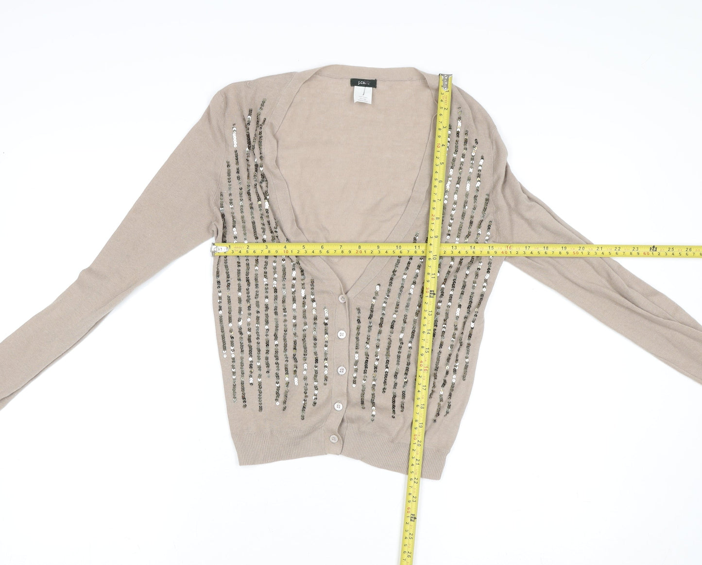 J.Crew Women Beige Sequin V-Neck Cotton Button-Up Cardigan M