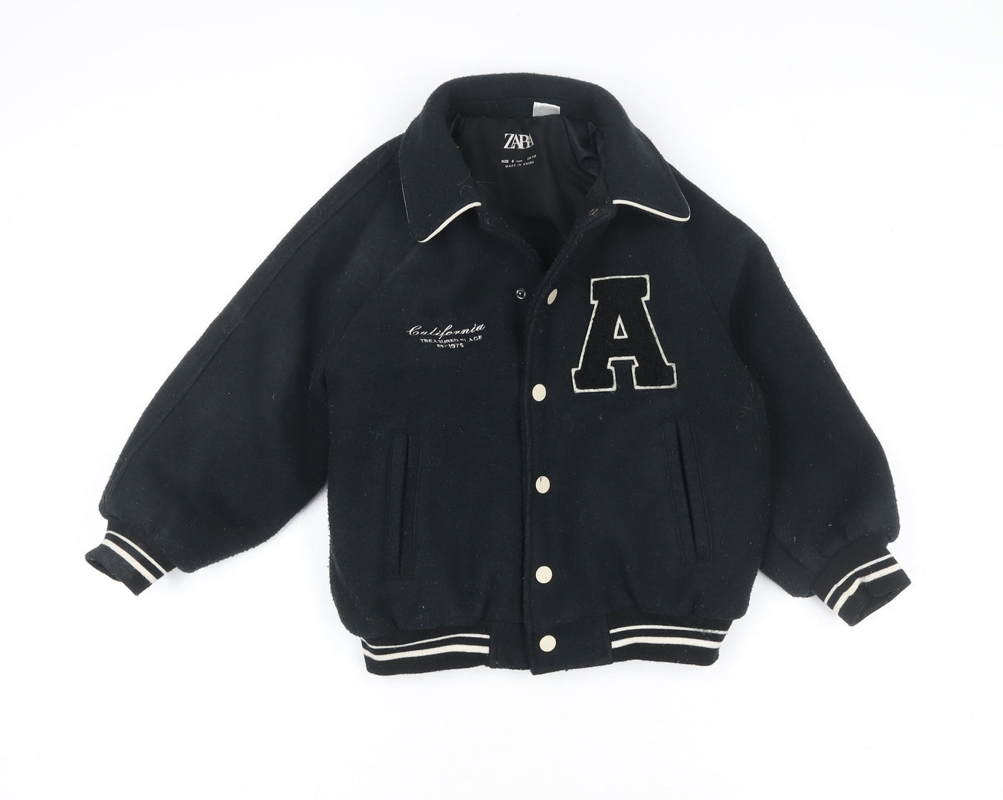 Zara Girls Black Varsity Jacket 6 Years Wool Blend Lined Button-Up