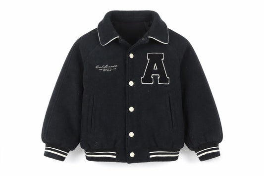 Front view of Zara girls’ black varsity jacket 6 years wool blend lined button-up