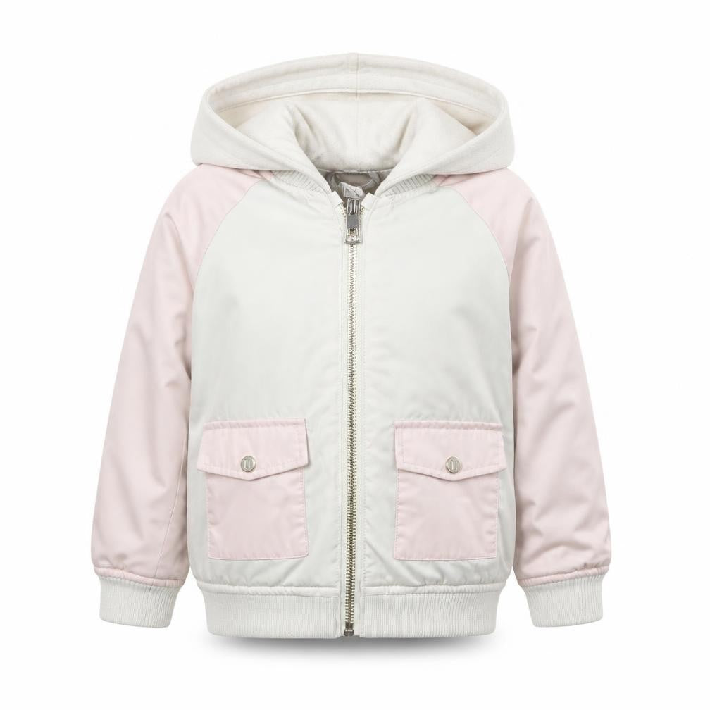 River Island Girls Ivory Pink Hooded Bomber Jacket 2-3 Years Lined Pockets