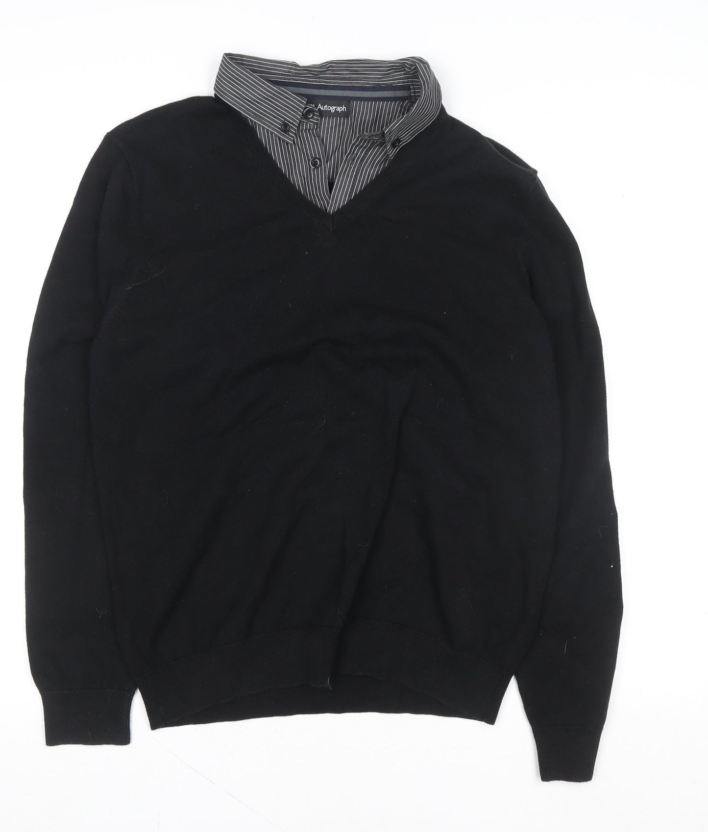 Marks and Spencer Men’s Black Medium V-Neck Knit Polo Sweater