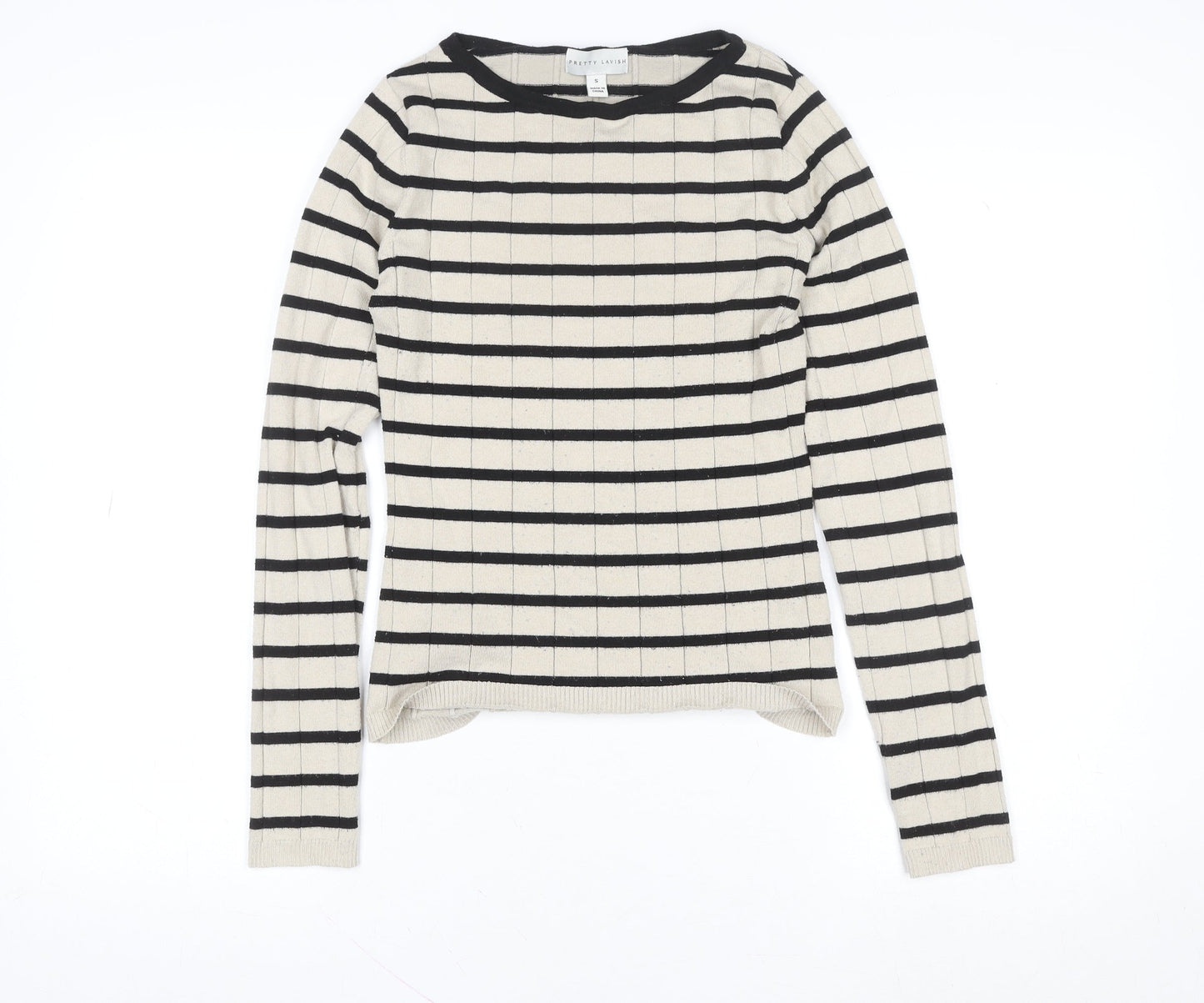 Pretty Lavish Women’s Beige Striped Knit Long Sleeve Crew Neck Top Size S