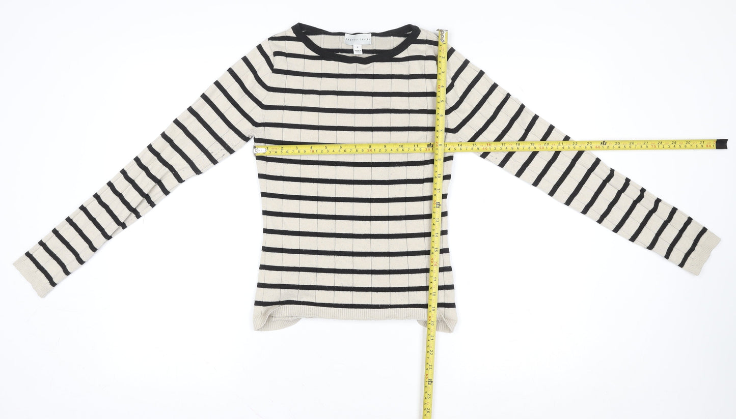 Pretty Lavish Women’s Beige Striped Knit Long Sleeve Crew Neck Top Size S