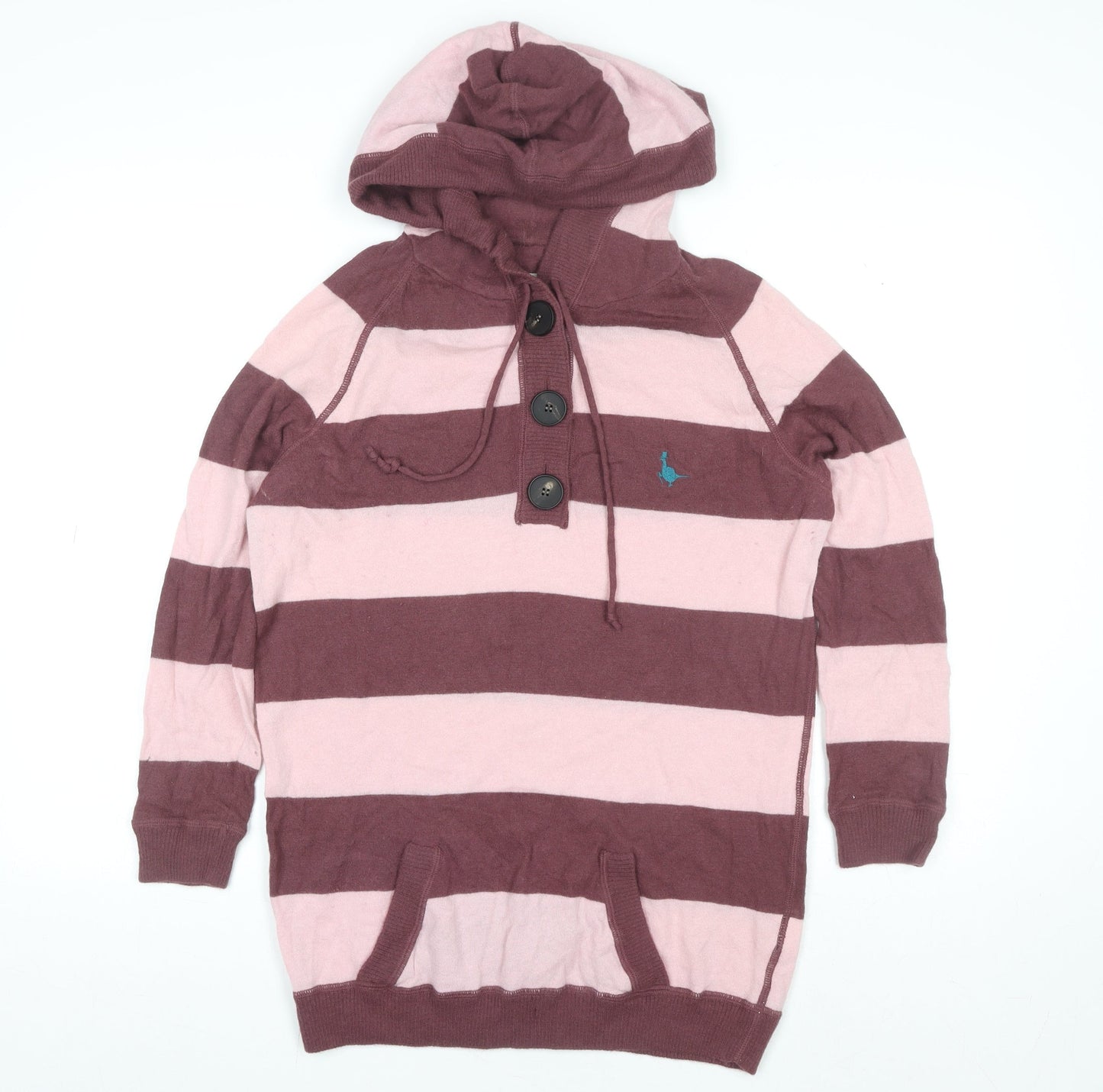 Jack Wills Womens Pink & Maroon Striped Henley Hoodie Size 14 Wool Blend