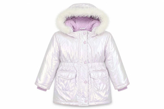Front view of Tu girls’ pink iridescent faux fur hooded puffer coat 2-3 years winter jacket