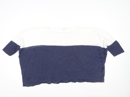360 Sweater Women Blue White Linen Colourblock Cropped T-Shirt S