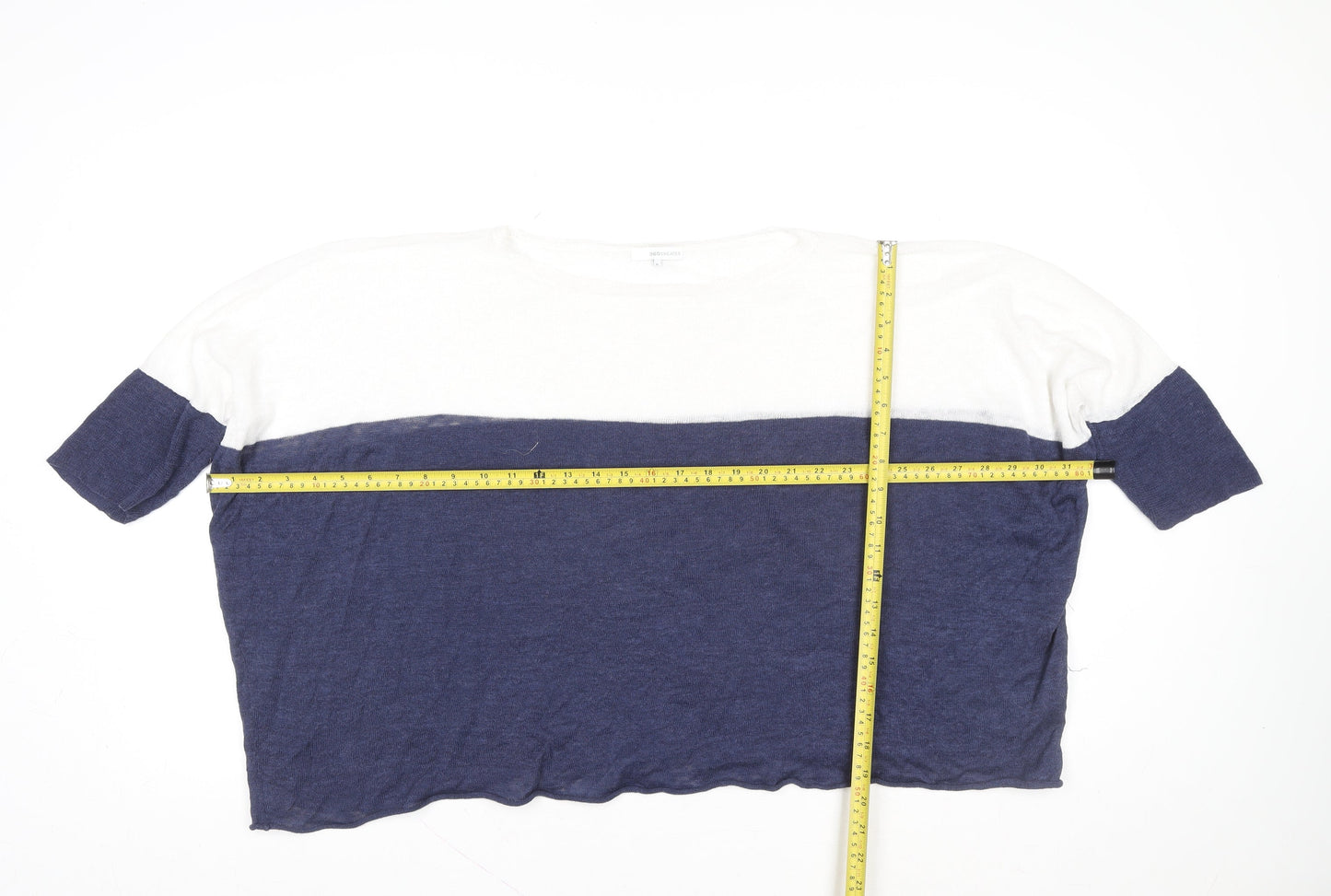 360 Sweater Women Blue White Linen Colourblock Cropped T-Shirt S