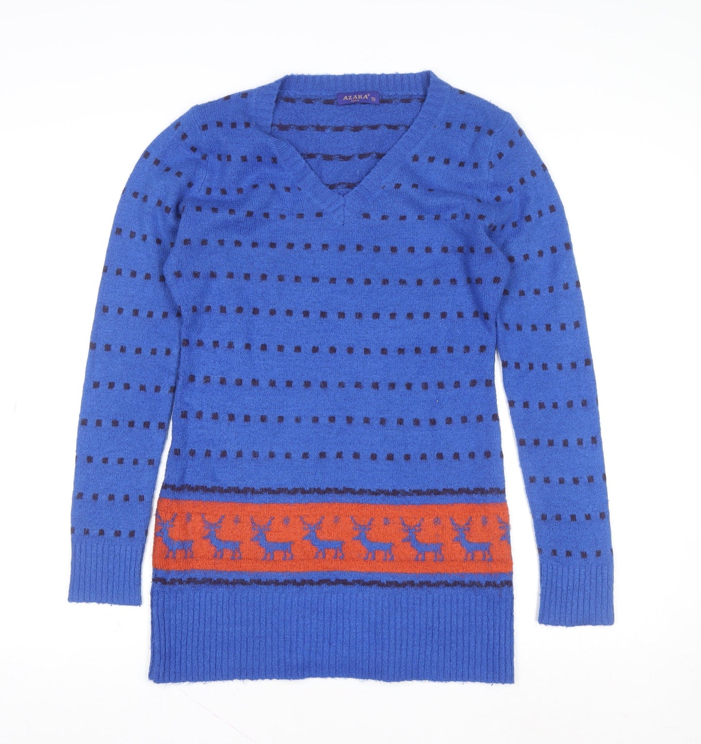 Azaka Women Blue V-Neck Long Sleeve Fair Isle Pullover Jumper