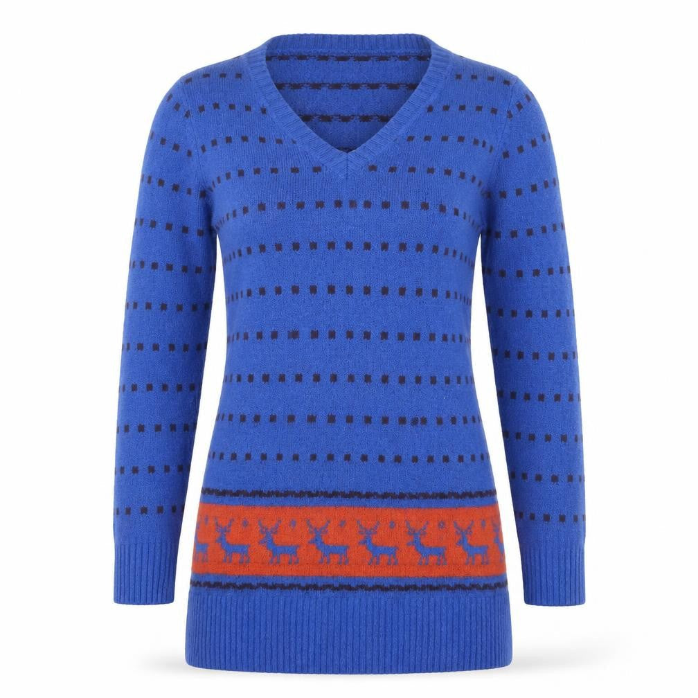 Azaka Women Blue V-Neck Long Sleeve Fair Isle Pullover Jumper