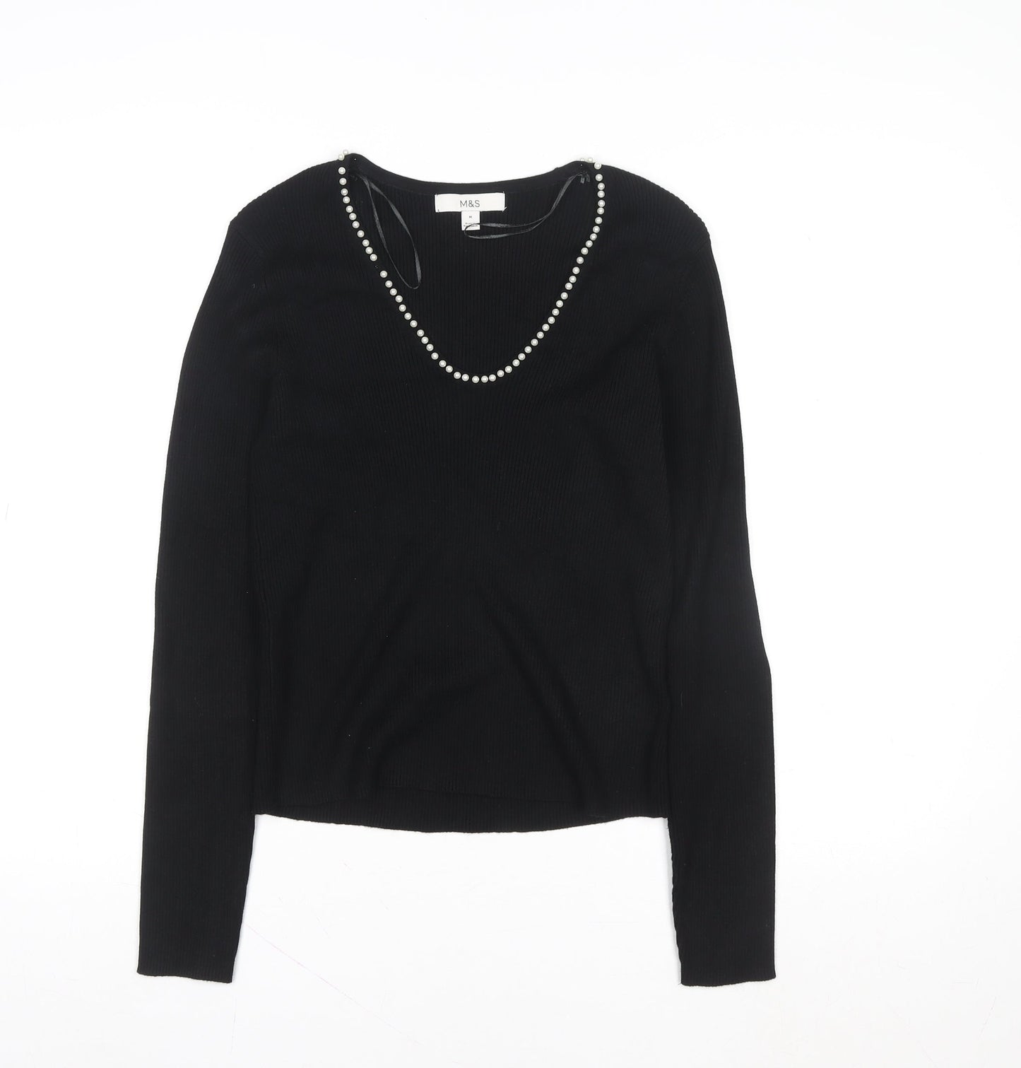 Marks and Spencer Women's Black Beaded Scoop Neck Knit Blouse Size M