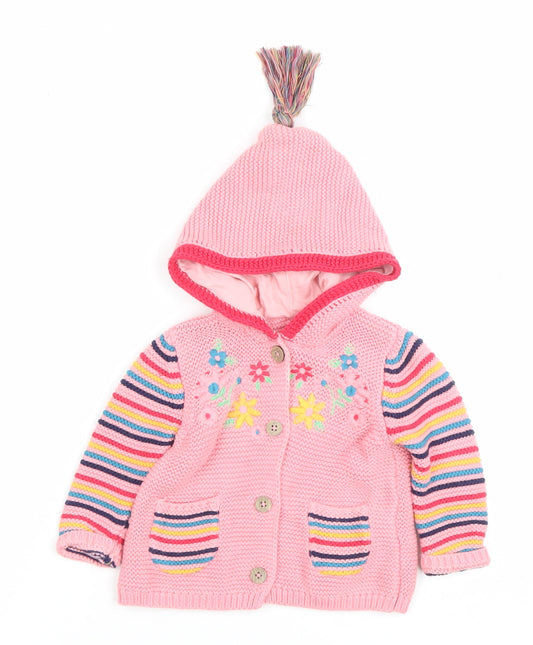 Tu Pink Hooded Knitted Cardigan 0-3 Months Baby Girls Flower Stripe Cotton