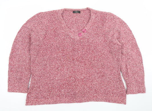 BM Women's Pink Chunky Knit V-Neck Button Pullover Jumper Size L