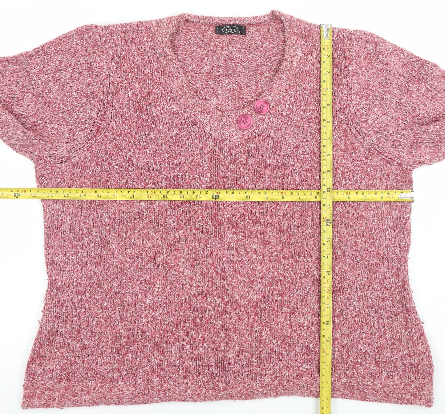 BM Women's Pink Chunky Knit V-Neck Button Pullover Jumper Size L