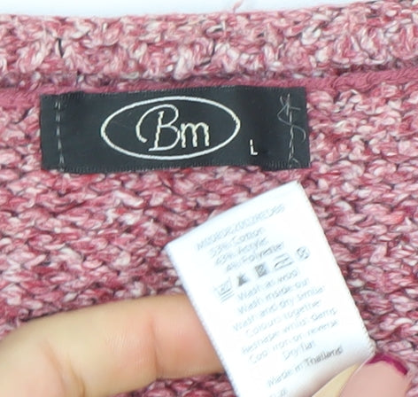 BM Women's Pink Chunky Knit V-Neck Button Pullover Jumper Size L