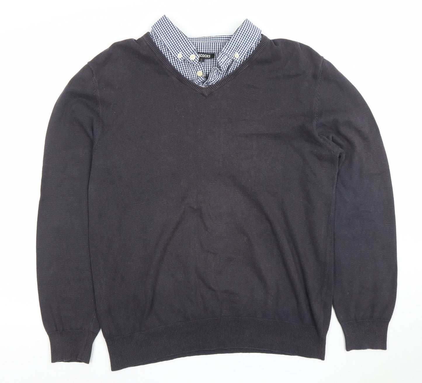 Peacocks Men’s Black Long Sleeve V-Neck Collared Polo L Cotton