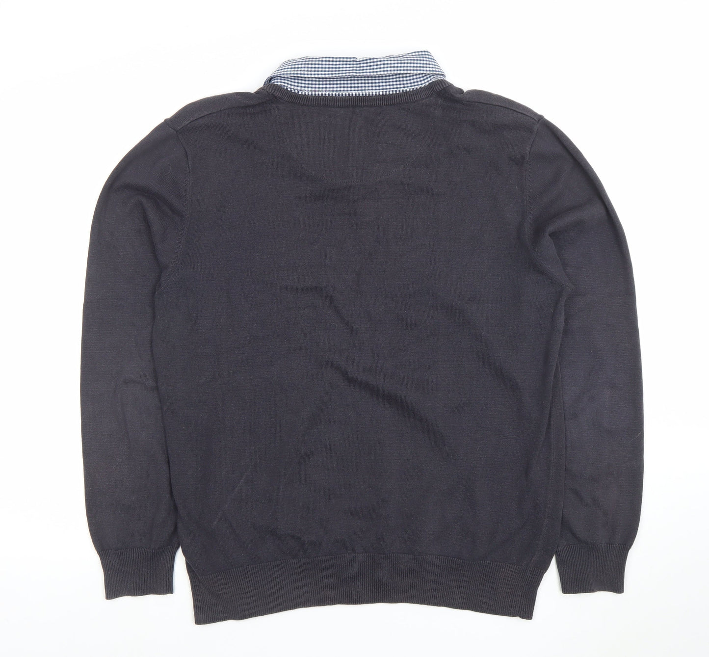 Peacocks Men’s Black Long Sleeve V-Neck Collared Polo L Cotton