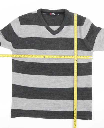 Element Men Grey Striped V-Neck Wool Blend Jumper Size M