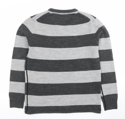Element Men Grey Striped V-Neck Wool Blend Jumper Size M