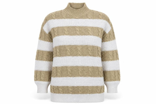 PRETTYLITTLETHING Womens Beige Striped High Neck Cable Knit Jumper Size S