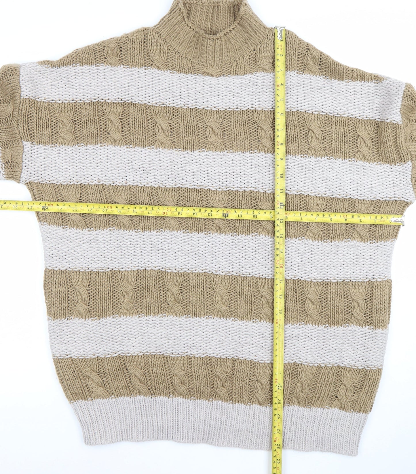 PrettyLittleThing Womens Beige Striped High Neck Cable Knit Jumper Size S
