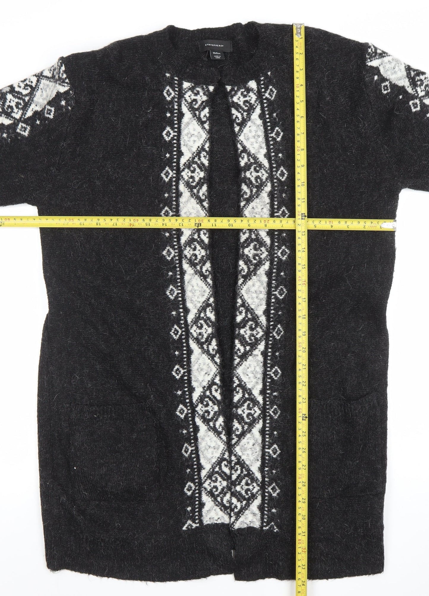 Atmosphere Women's Black Medium Knit Geometric Open Cardigan