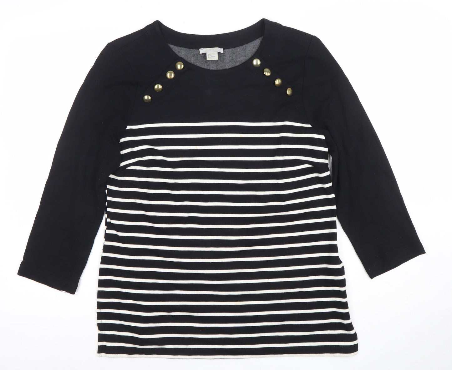 Zara Women Black Striped Button Detail 3/4 Sleeve T-Shirt Size 14