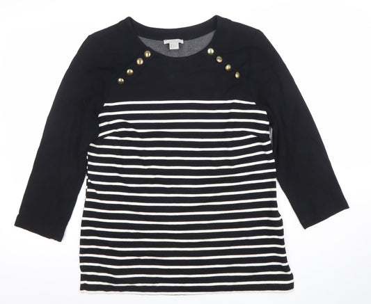 Zara Women Black Striped Button Detail 3/4 Sleeve T-Shirt Size 14