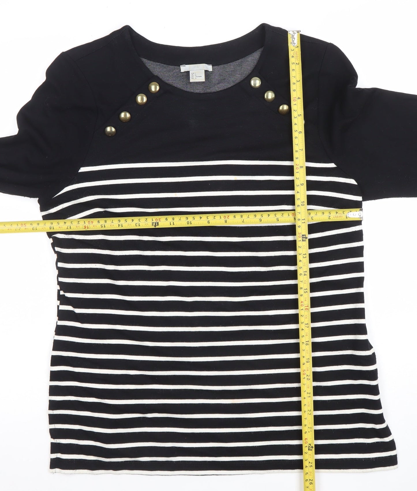Zara Women Black Striped Button Detail 3/4 Sleeve T-Shirt Size 14