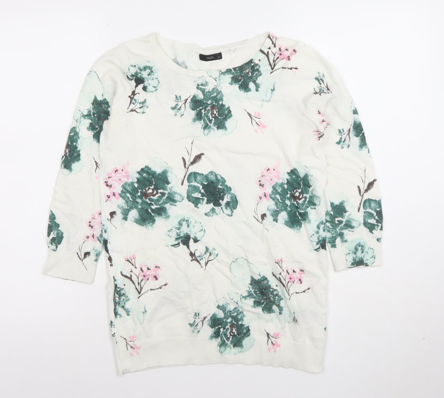 M&Co Women’s White Floral Knit Top Size 10 3/4 Sleeve Crew Neck