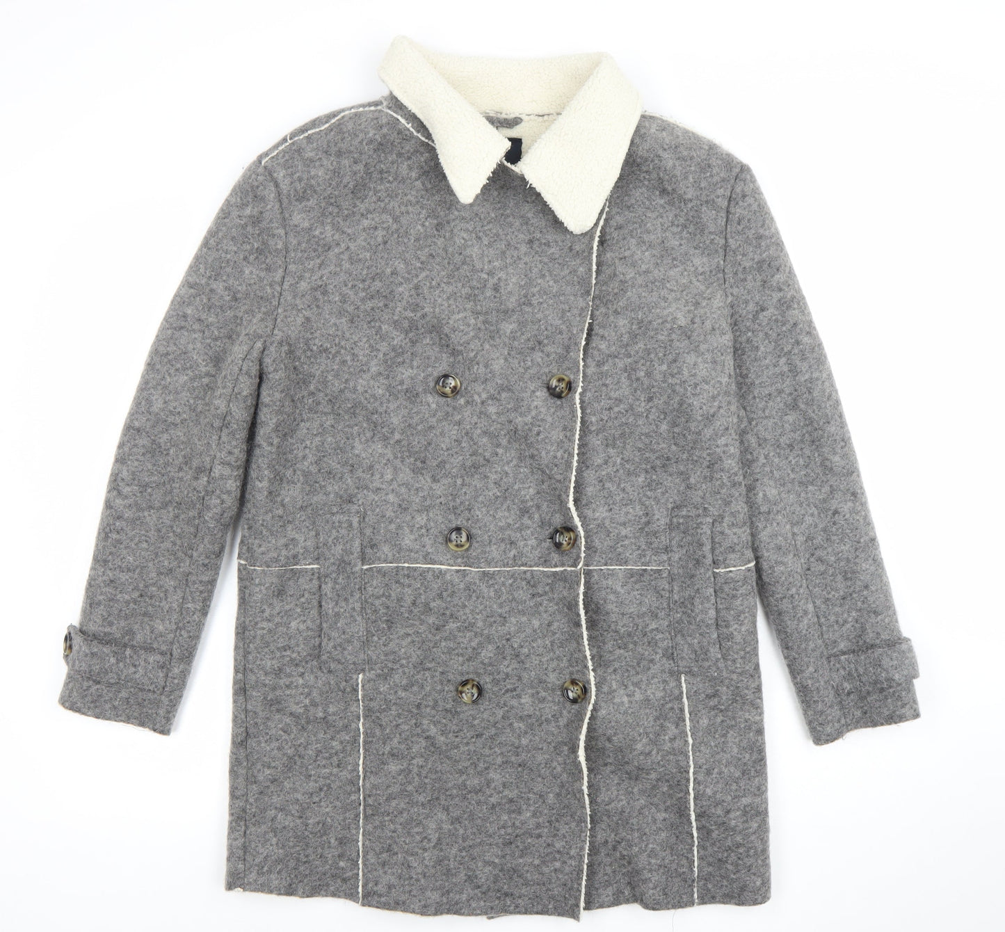 Zara Women Grey Wool Blend Pea Coat M Double-Breasted Classic Style