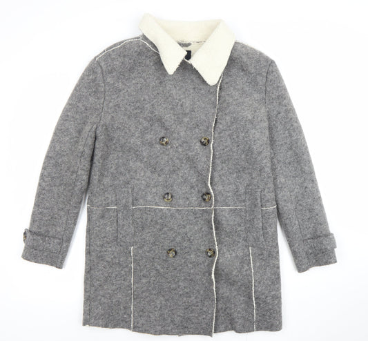 Zara Women Grey Wool Blend Pea Coat M Double-Breasted Classic Style