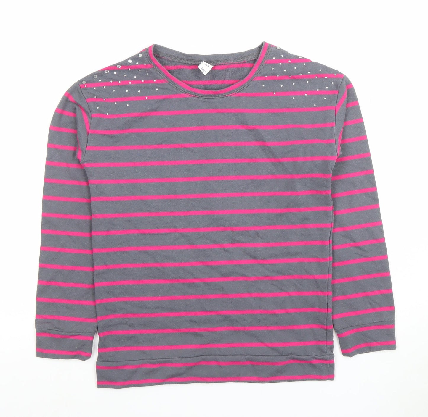 Old Navy Women’s Grey & Pink Striped Rhinestone Long Sleeve Cotton Blend T-Shirt - Size L