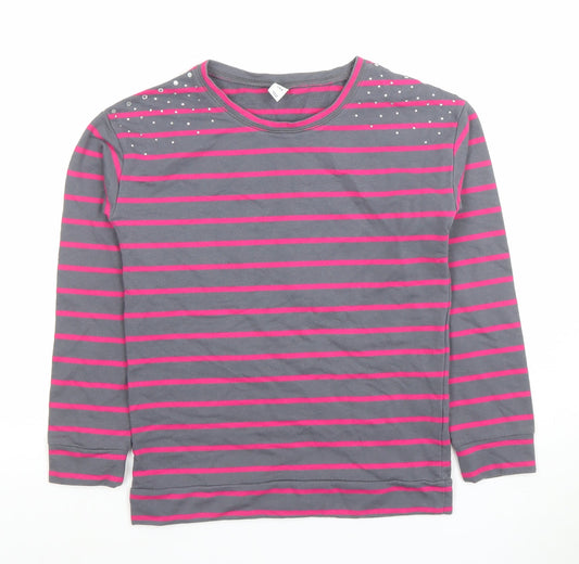 Old Navy Women’s Grey & Pink Striped Rhinestone Long Sleeve Cotton Blend T-Shirt - Size L
