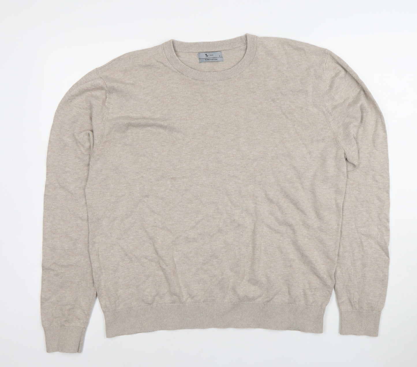Tu Men Beige Cotton Crew Neck Long Sleeve Pullover Jumper Size L