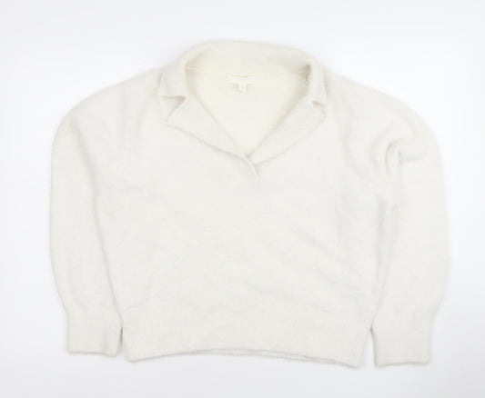 H&M Women’s White Collared Pullover Jumper Size S Soft Acrylic Blend