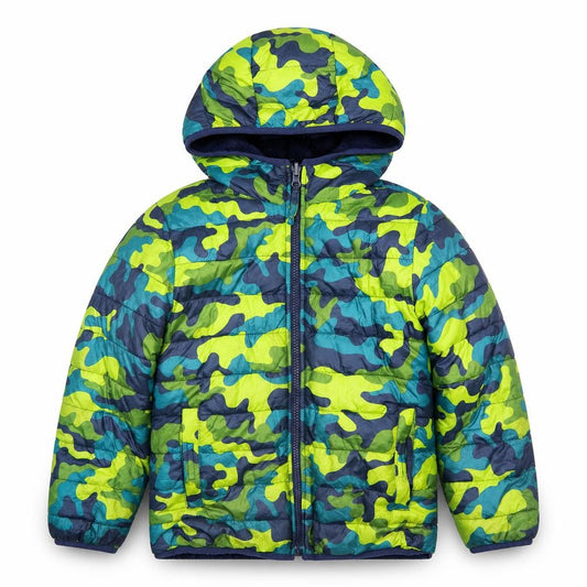 Front view of Lands' End boys’ multicoloured camouflage hooded puffer jacket 6-7 years