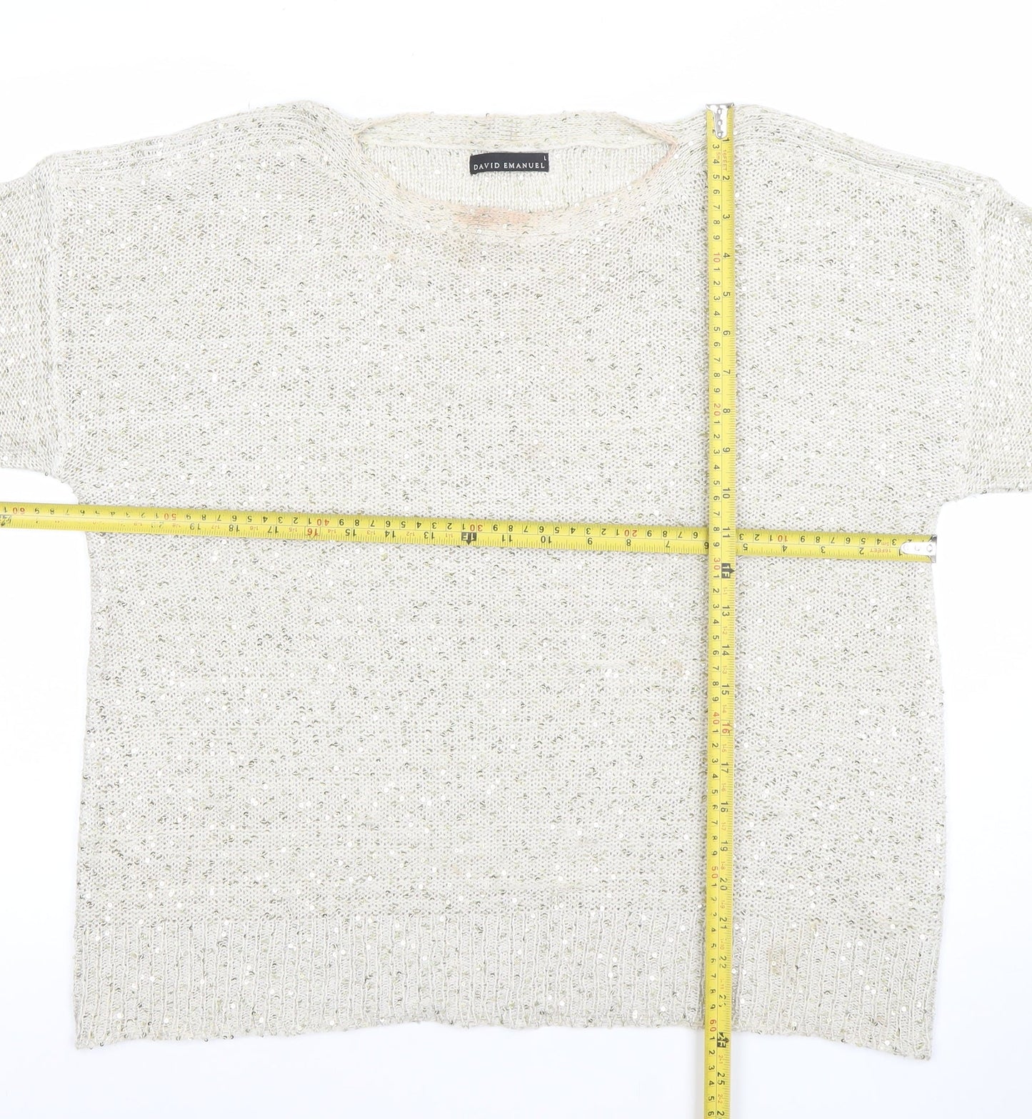 David Emanuel Womens Ivory Sequin Knit Pullover Jumper Size L